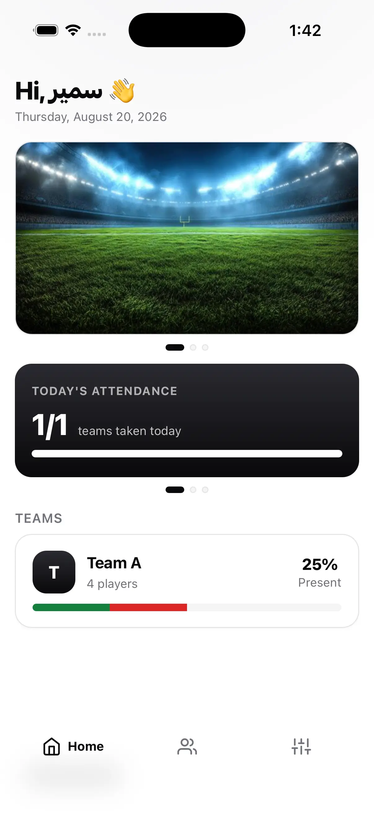 Ghayeb app home screen: today's reminders, teams, and attendance rate
